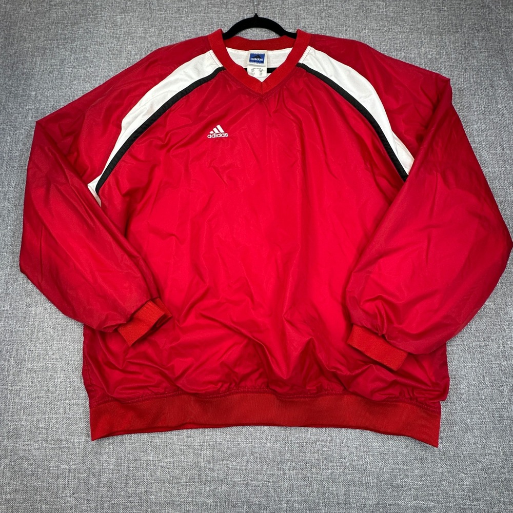 Vintage Adidas Jacket‎ Mens 2XL Red Windbreaker Lined V-Neck Pullover Baggy Y2K